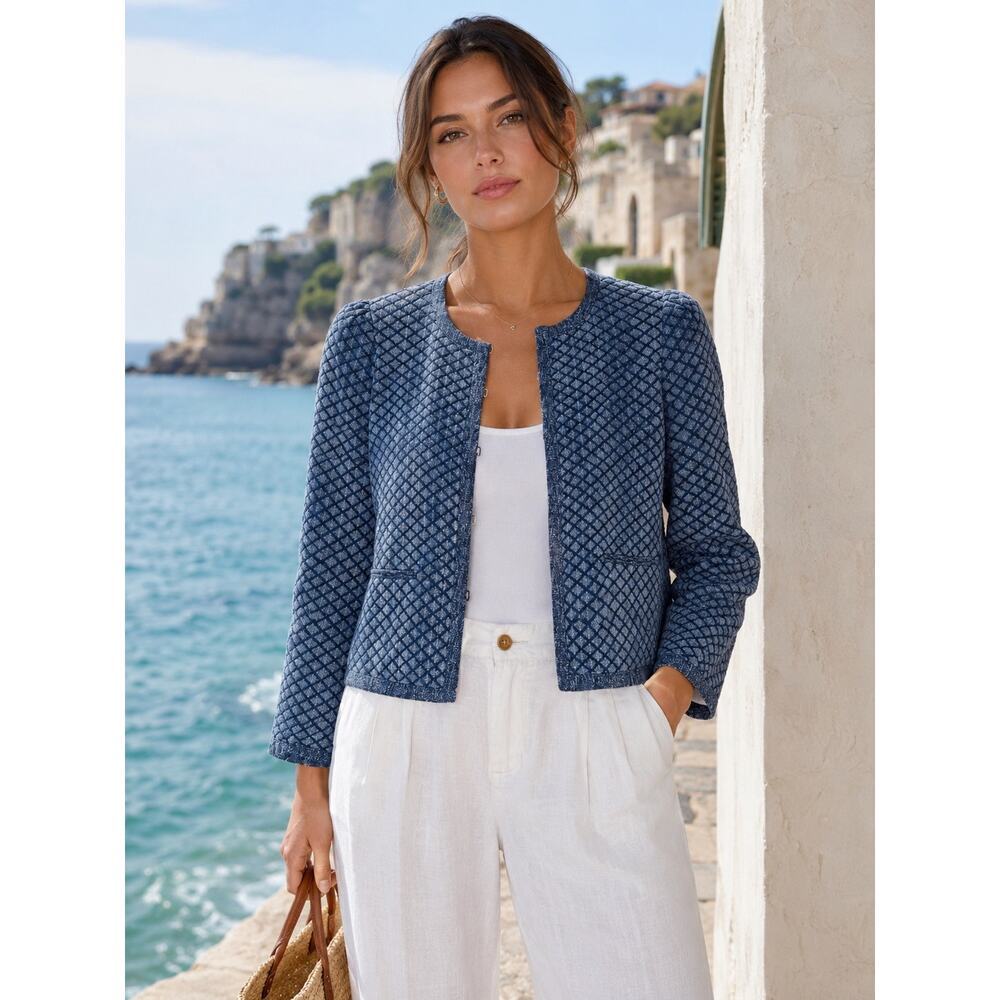 Textured Quilted Denim Look Jacket Quiet Luxury Crop Blazer Coastal Minimalist M